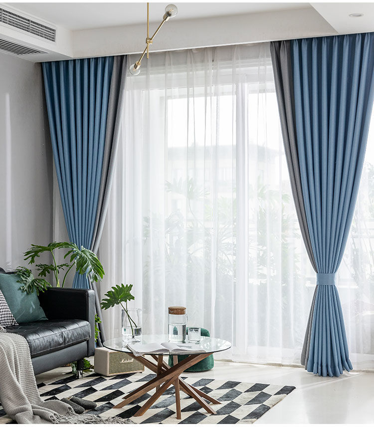 窗帘北欧简约拼接遮光家用加厚简约现代成品卧室客厅阳台大气灰拼接