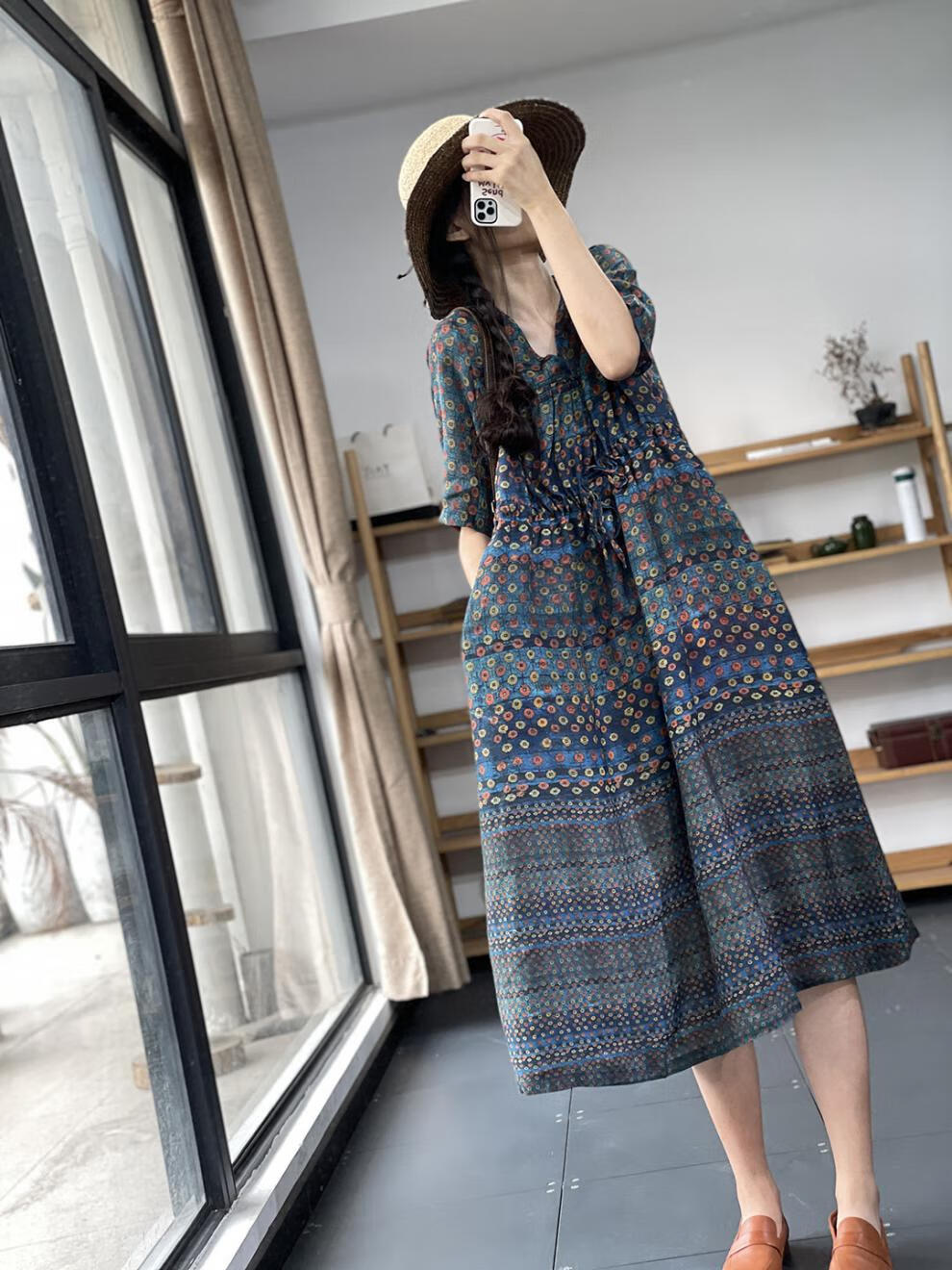 适合矮个子穿的文艺复古印花棉麻连衣裙夏季收腰系带显瘦宽松休闲麻料