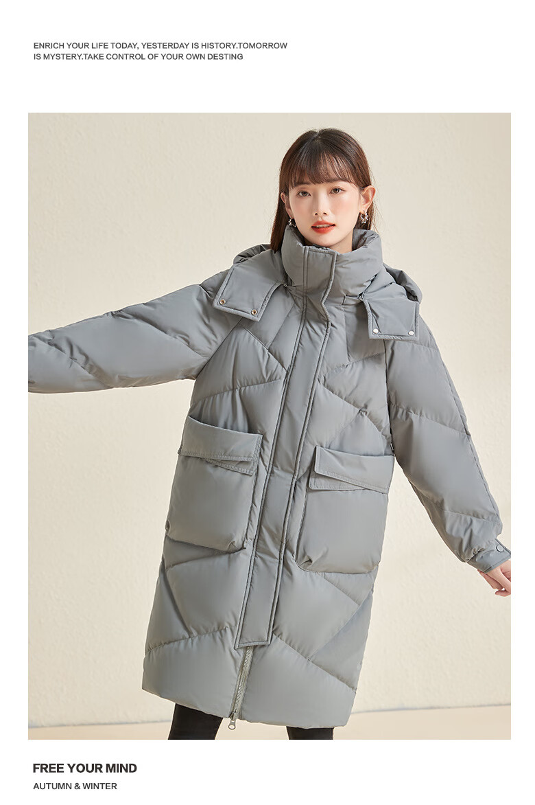 雪中飞2022年新款羽绒服冬季女中长款过膝时尚宽松蓝色加厚可脱卸连帽