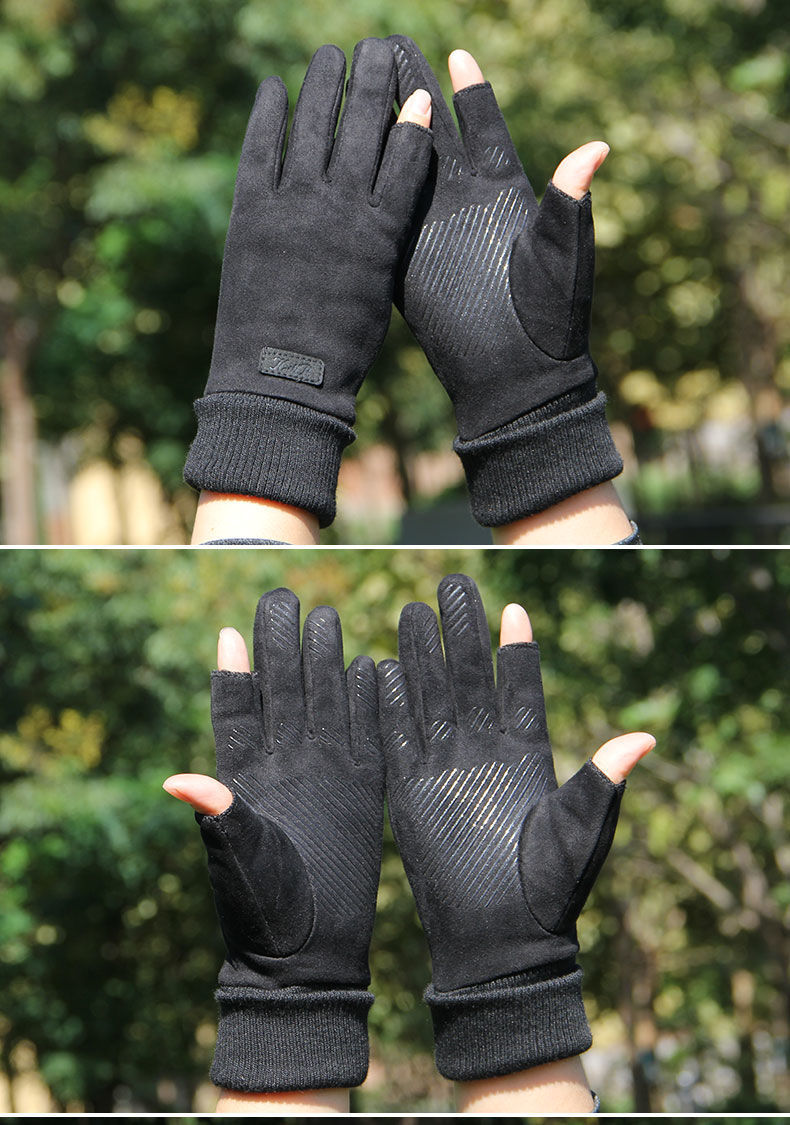 善水上境露手指手套男露趾手套秋冬加绒保暖露二指手套男外卖户外开车