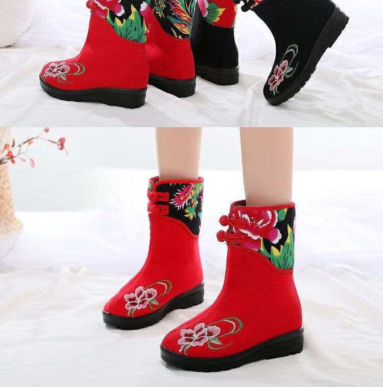 古装风民族风汉服鞋绣花鞋冬季女棉靴拼色雪地靴民族风绣花靴平跟软底