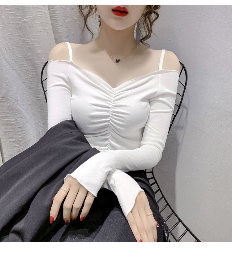 冰芷水漏锁骨吊带一字领短款性感上衣女收腰显瘦恤白色打底衫内搭秋季