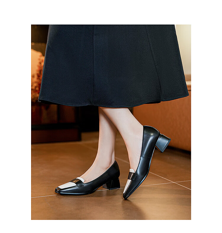 Le Saunda Simple British-Style Patchwork Square-Toe Mid-Heel Commuter Flats Women's Shoes 6T46324, Black/white, BKK, Size 39 2
