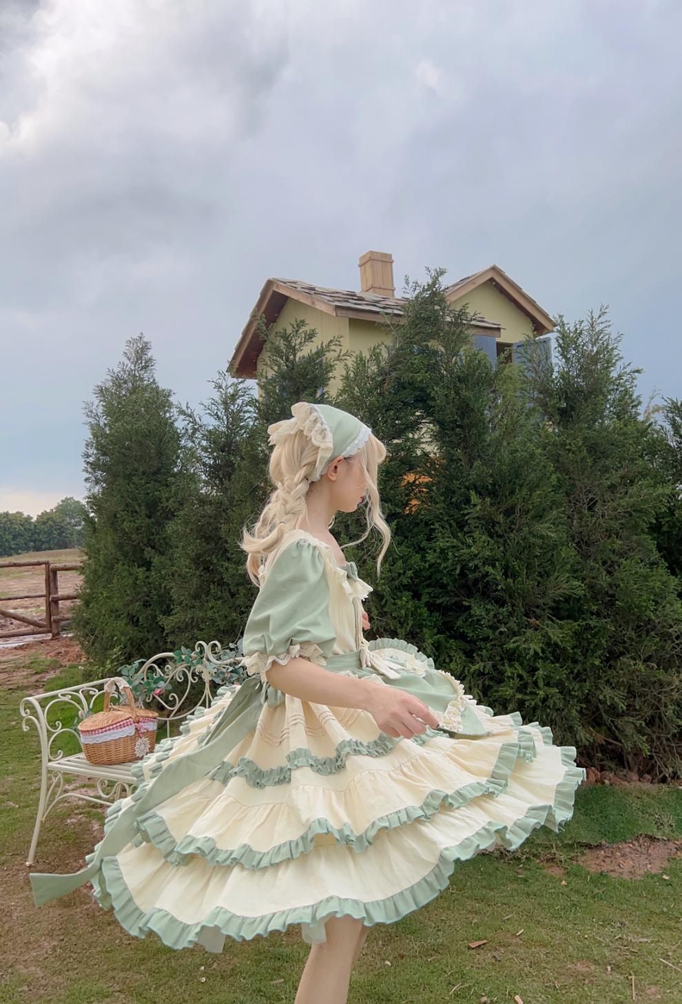 jiangyi 白糖少女～原创设计lolita洋装田园风op短袖连衣裙-dsq 粉色