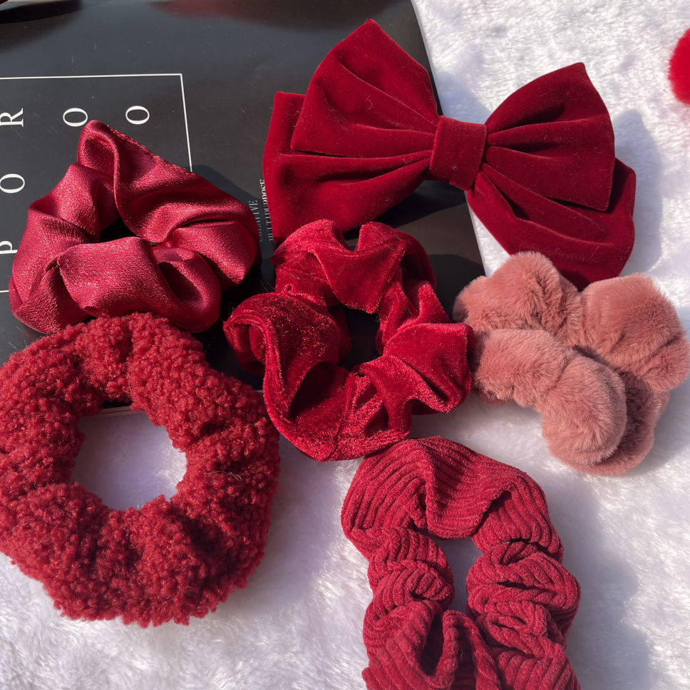 芙蕖毛茸茸红蝴蝶结大肠发圈毛绒皮筋少女扎头绳肥肠圈春冬新年圣诞款