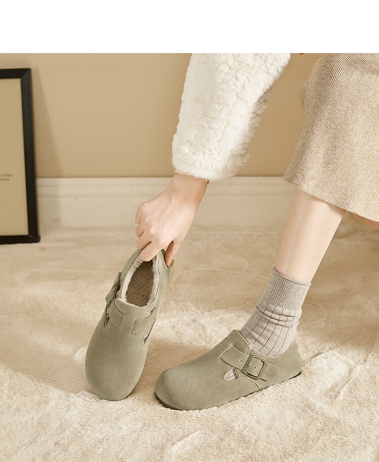Westlink All-Wool Birkenstock-Style Women's Fleece-Lined Shoes, New Winter 2024 Soft-Soled Cotton Shoes, Warm Slip-On Fluffy Shoes, Brown, Size 37 12