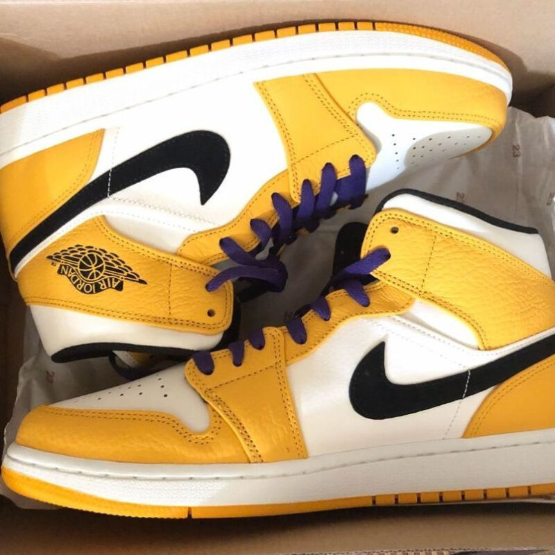 自主紫金湖人头层皮内置气垫休闲百搭高帮男情侣篮球鞋紫金黄关注收藏