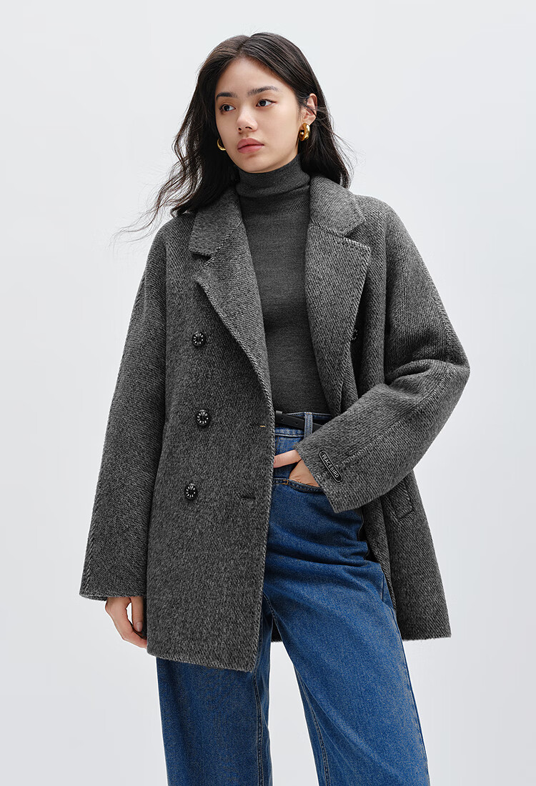 Taipingniao Women's Wool Coat, Master Zhenrou Series, Women's Double-Faced Wool Winter Coat, Fashionable, Gray, Size S 28