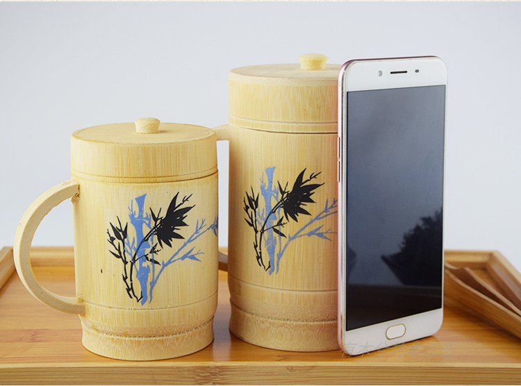 天然环保楠竹雕刻水杯竹制茶杯创意竹杯竹雕工艺品带盖竹制品竹杯