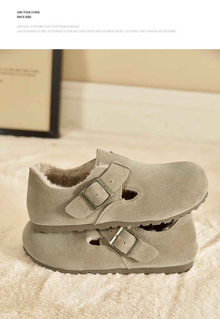 Westlink All-Wool Birkenstock-Style Women's Fleece-Lined Shoes, New Winter 2024 Soft-Soled Cotton Shoes, Warm Slip-On Fluffy Shoes, Brown, Size 37 7