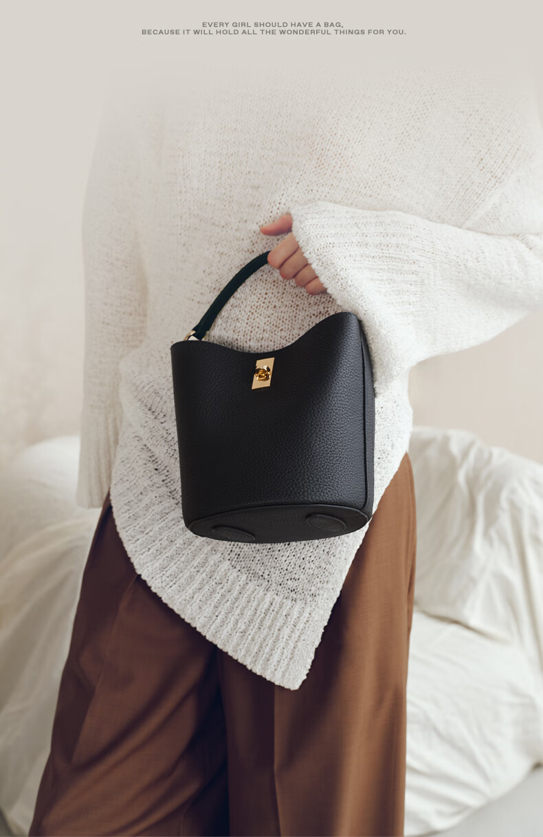 Belle New Year Gift Women's Almond Bucket Bag Genuine Leather Commuter Handbag BL766DX4 Black 2