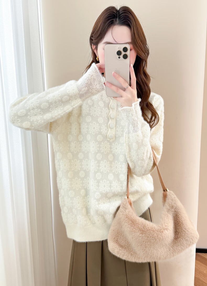 TonLion 2025 Autumn Winter Lady Style Monochrome Jacquard Half-Placket Pullover Sweater for Women 2