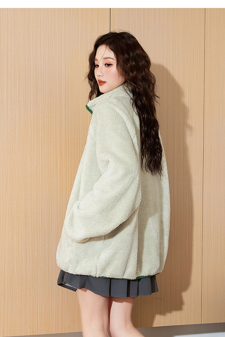 TonLion 2025 Winter Women's Stand Collar Faux Lamb Wool Chest Logo Stand Collar Coat Healing Plush Thick Jacket 16