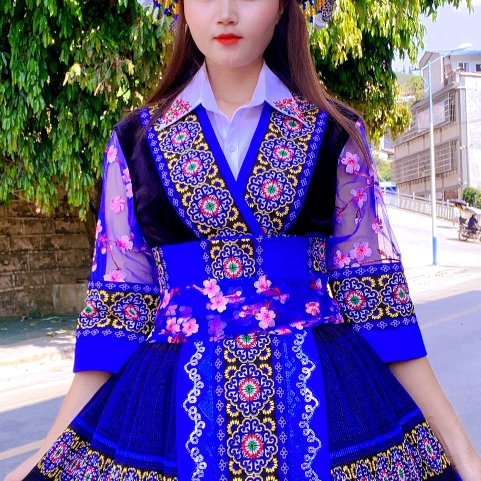 苗族服装女云南苗族服装 蓝色套装 帽子衬衫套装 s【图片 价格 品牌