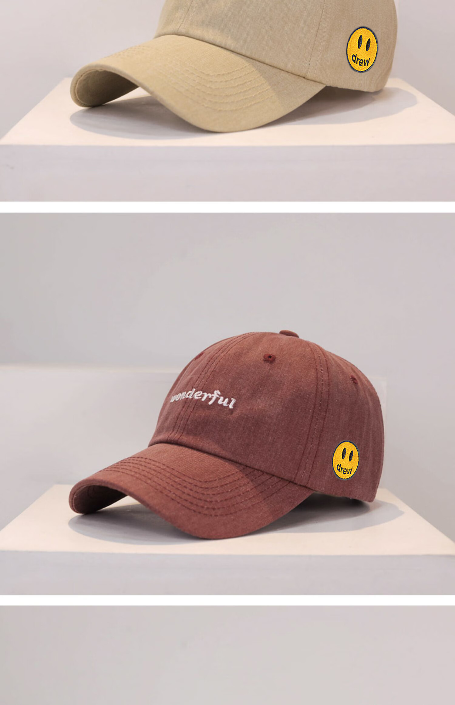 陇聚福drew_house笑脸复古时尚棒球帽男街头鸭舌帽女遮阳帽 酒红色 可