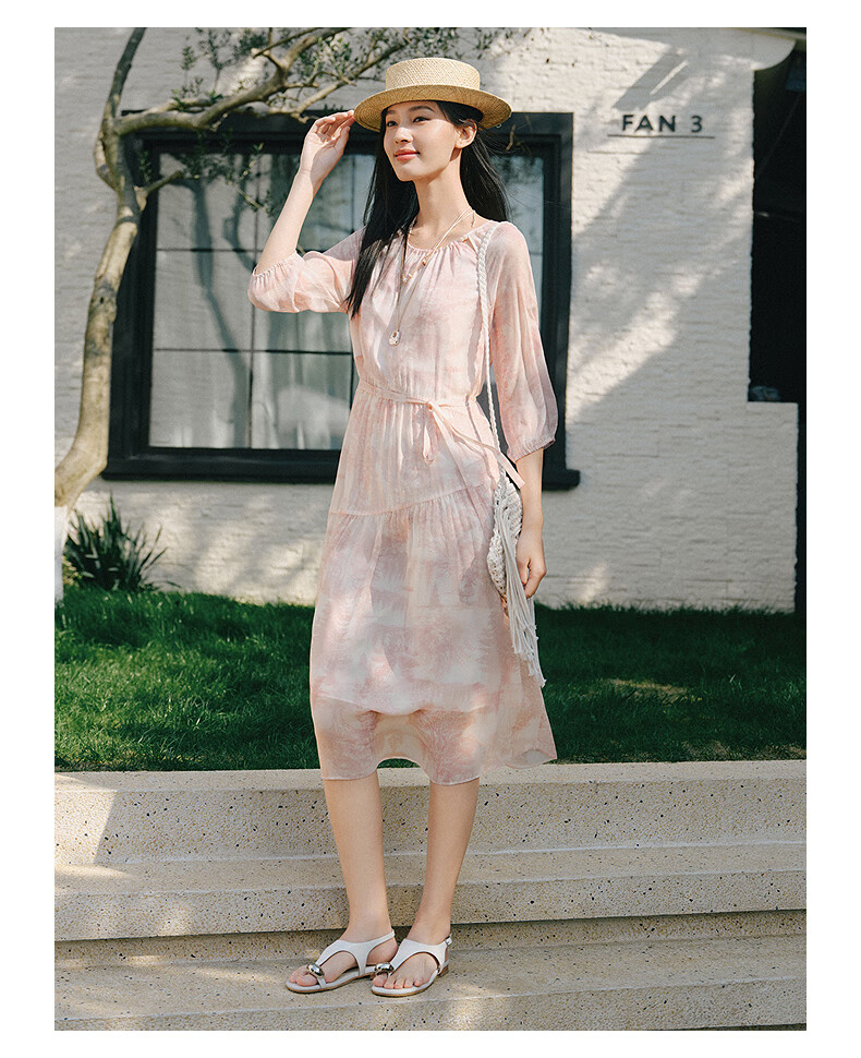 JUZII·ANNAKOU Landscape Dress 100% Mulberry Silk Elegant Waist-Cinching Summer Dress for Women Light Gray XL 13