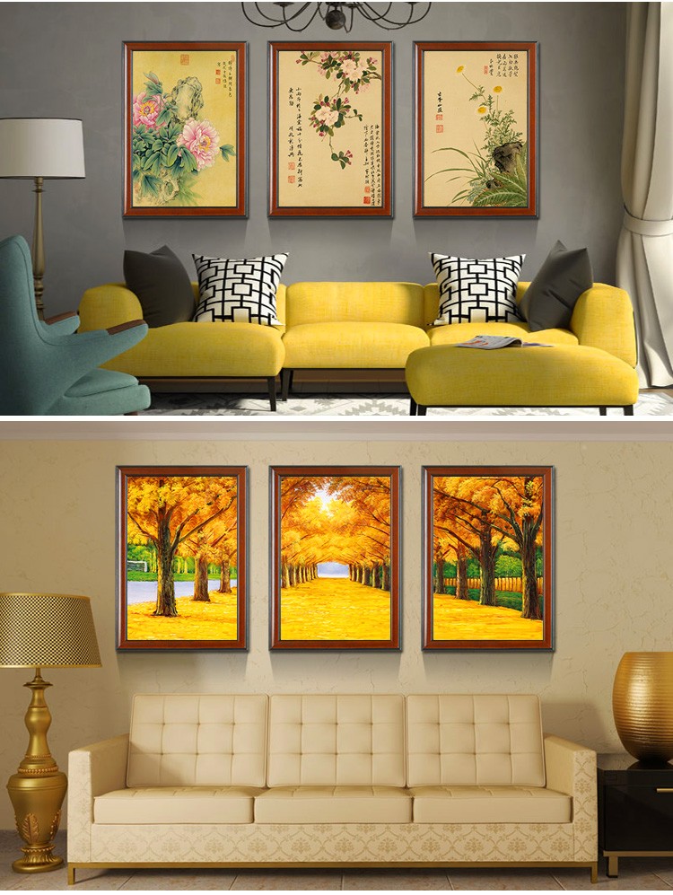 客厅装饰画沙发背景墙梅兰竹菊现代中式三联画新中式中国风黄金满地挂