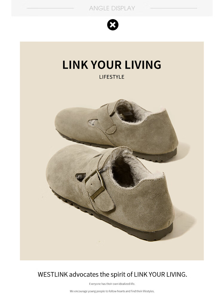Westlink All-Wool Birkenstock-Style Women's Fleece-Lined Shoes, New Winter 2024 Soft-Soled Cotton Shoes, Warm Slip-On Fluffy Shoes, Brown, Size 37 25