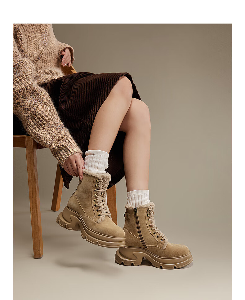 C.BANNER Fleece-Lined Martin Boots for Women, Thick-Soled Ankle Boots A24620605, Camel Color, Size 36 4
