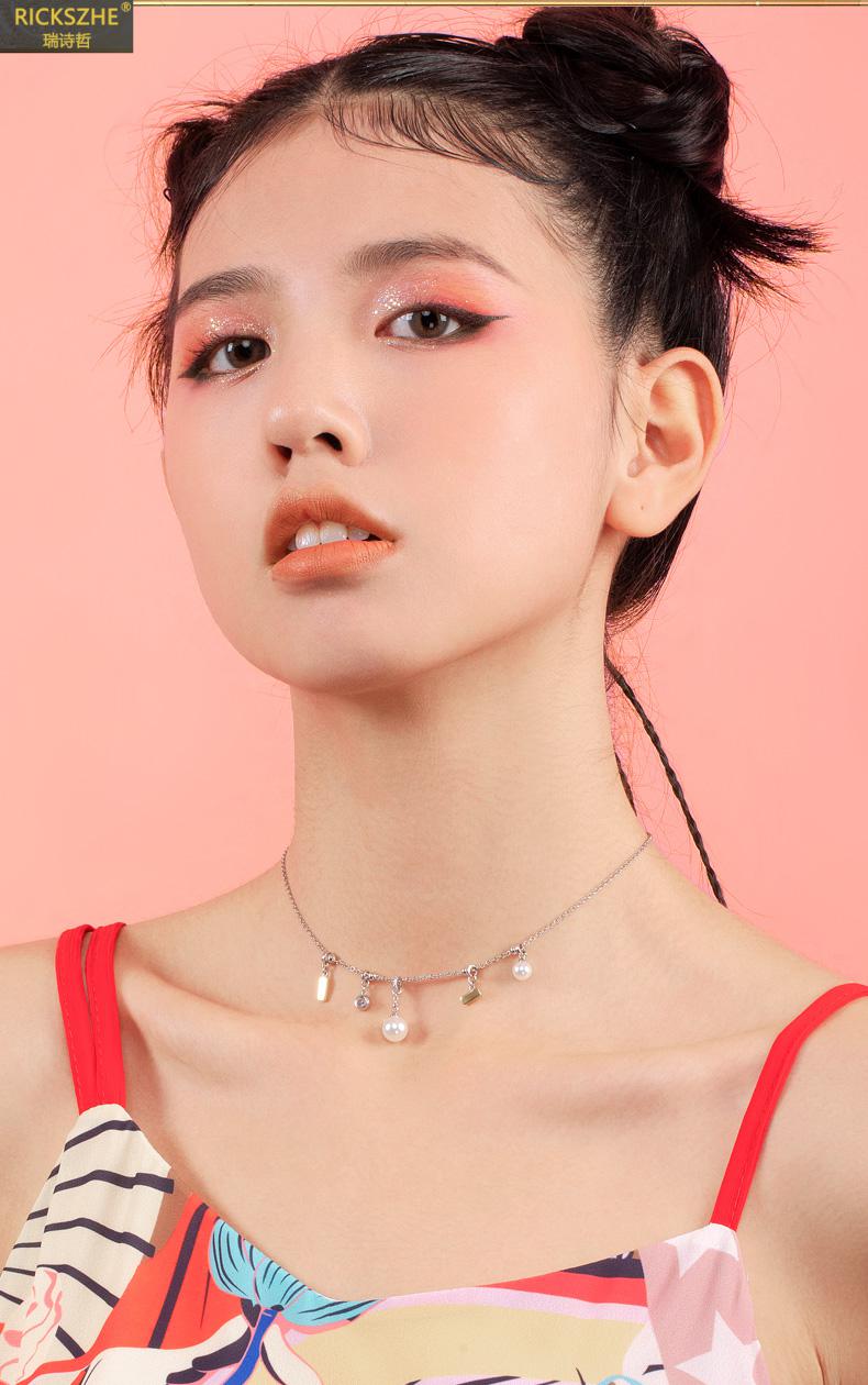 瑞诗哲高端品牌福分银脖颈链 年轻款时尚女珍珠项链 短款百搭锁骨链网