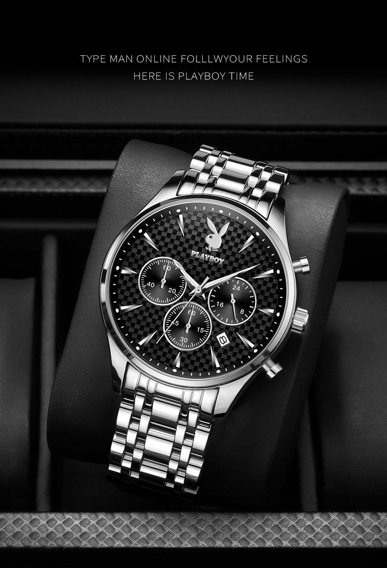 欧美名表花花公子品牌新款男士石英手表计时商务七夕学生六针日历夜光