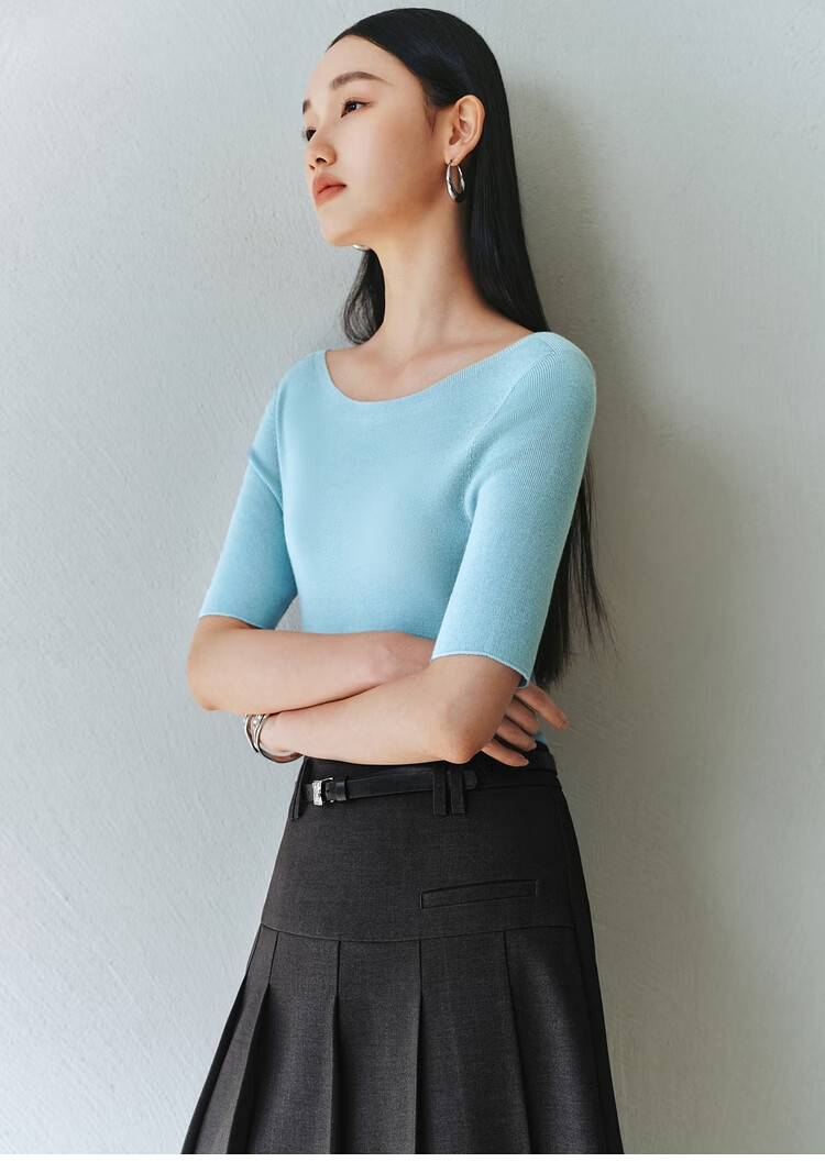 Taipingniao Women's Knit Sweater Seamless One-Piece Short Sleeve Spring And Summer Inner Layer Base Shirt Simple Quality Feel Blue M 16