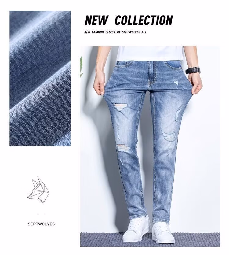 Ripped Jeans Men's 2026 Summer Thin Elastic Slim Straight Casual Pants Korean Trend Beggar Pants, Blue [130-70kg]_mkmklike.com