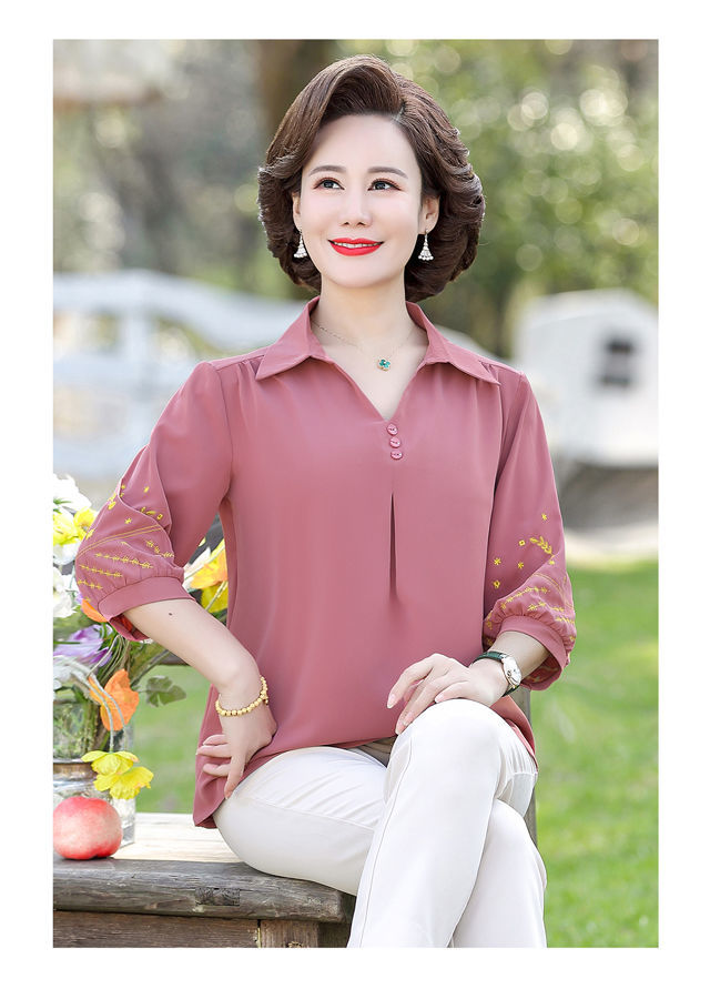 中老年女装夏季新款妈妈夏装打底衫洋气中老年女到气质衬衫蓝色裤子