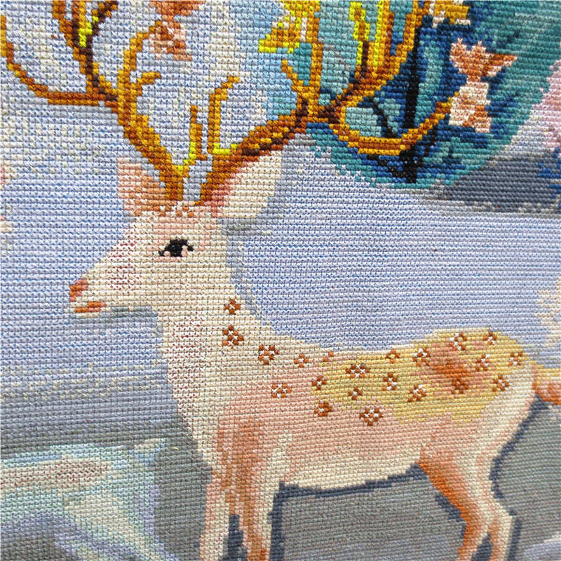 纯手工十字绣成品客厅新款名画生财有鹿北欧发财树麋鹿大幅风水画手工