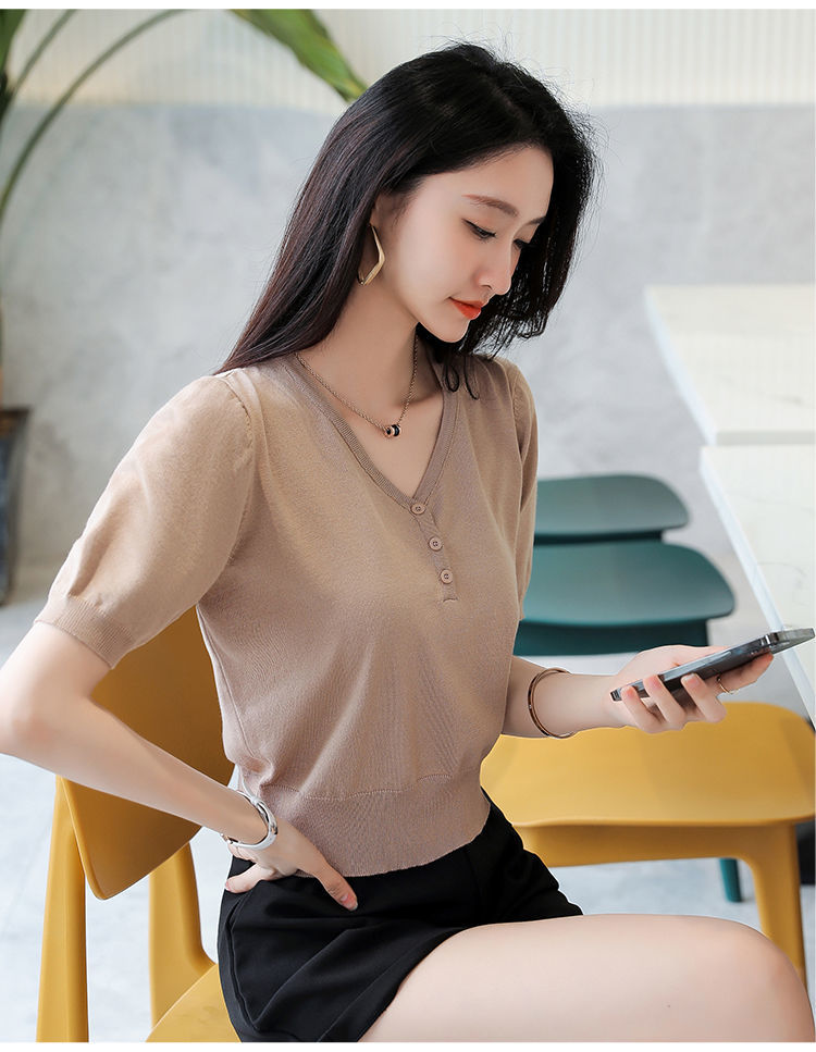 短袖春夏新款女短袖冰丝领半开胸针织短款薄款高腰修身恤上衣黄色xl