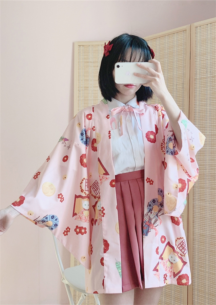 日系软萌妹开衫和服浴衣和风羽织可爱少女晒上衣短外套女酒红羽织均码