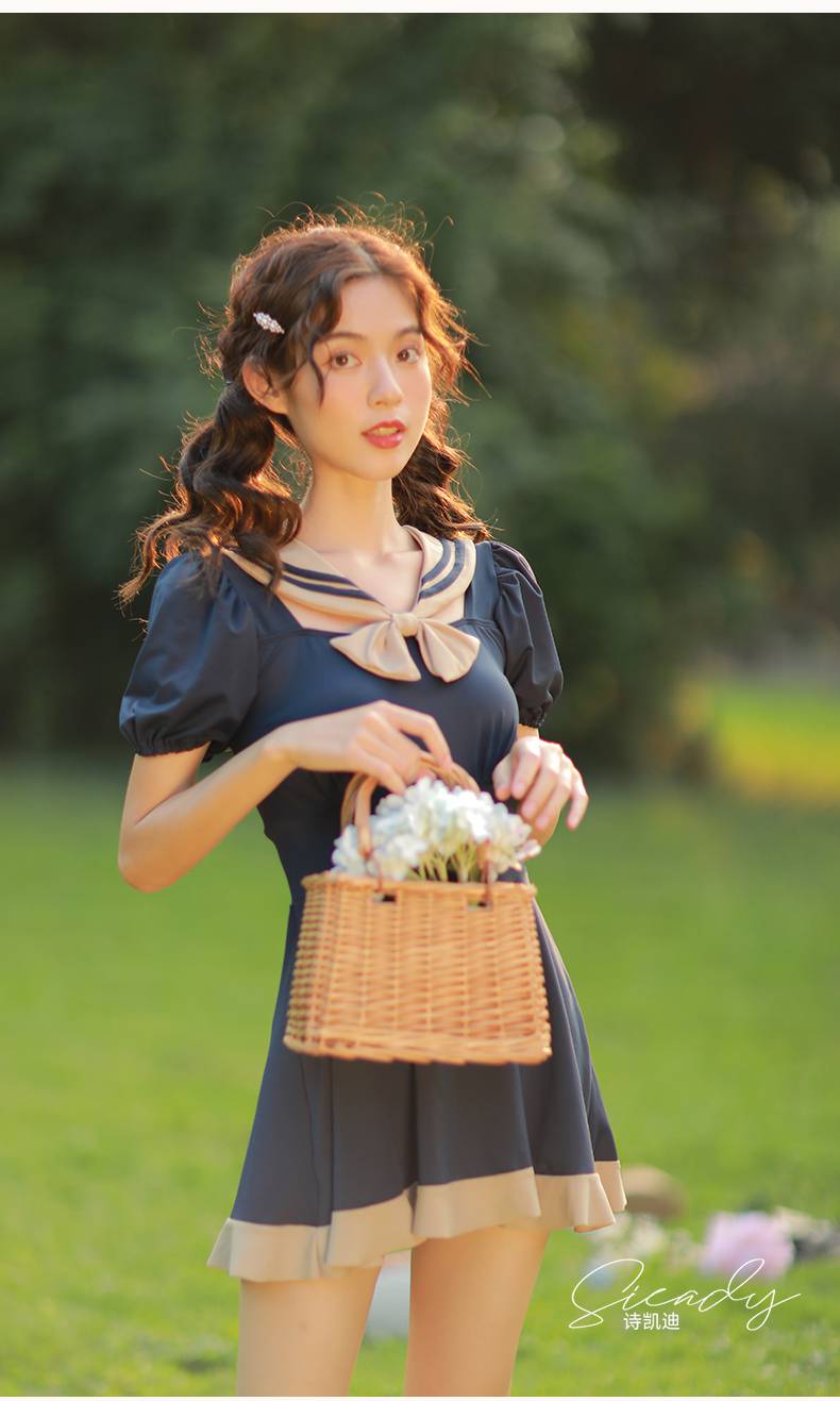 洛丽塔泳衣洛丽塔少女jk泳装水手服学院风复古显瘦遮肚温泉保守游泳衣
