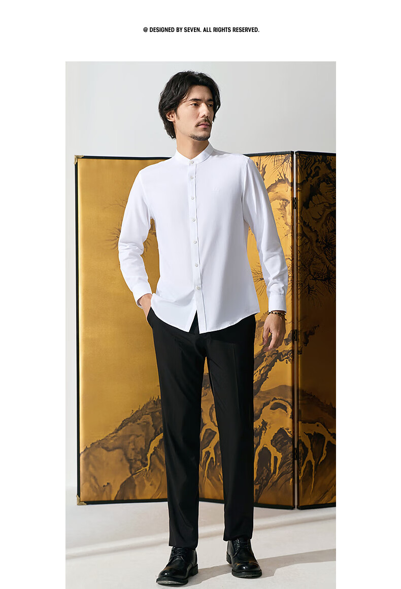 SEVEN Zhonghua Mandarin Collar Long Sleeve Shirt for Men, Spring And Autumn Season, Contains Modal, Chinese Style Casual Shirt 10