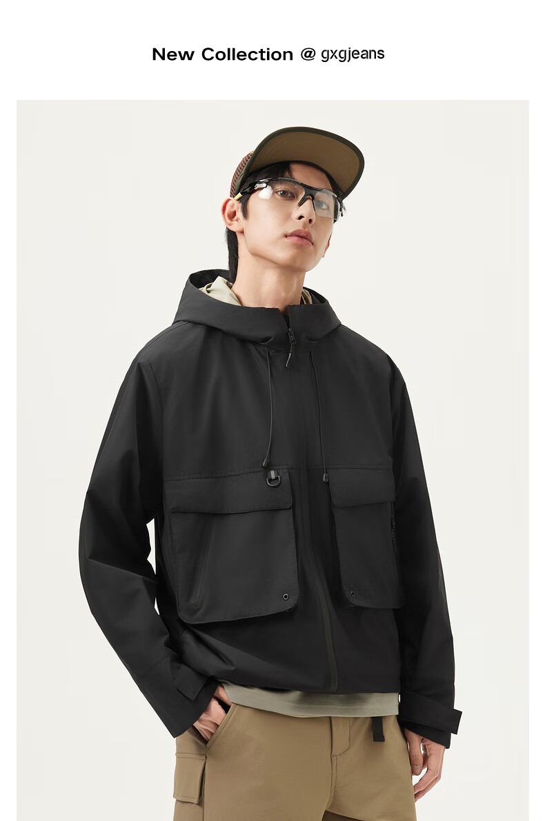 Gxgjeans Men's Clothing, Workwear Style Multi-Pocket Casual Hooded Jacket, Spring 2025 New Arrival, Black, 175/L 1