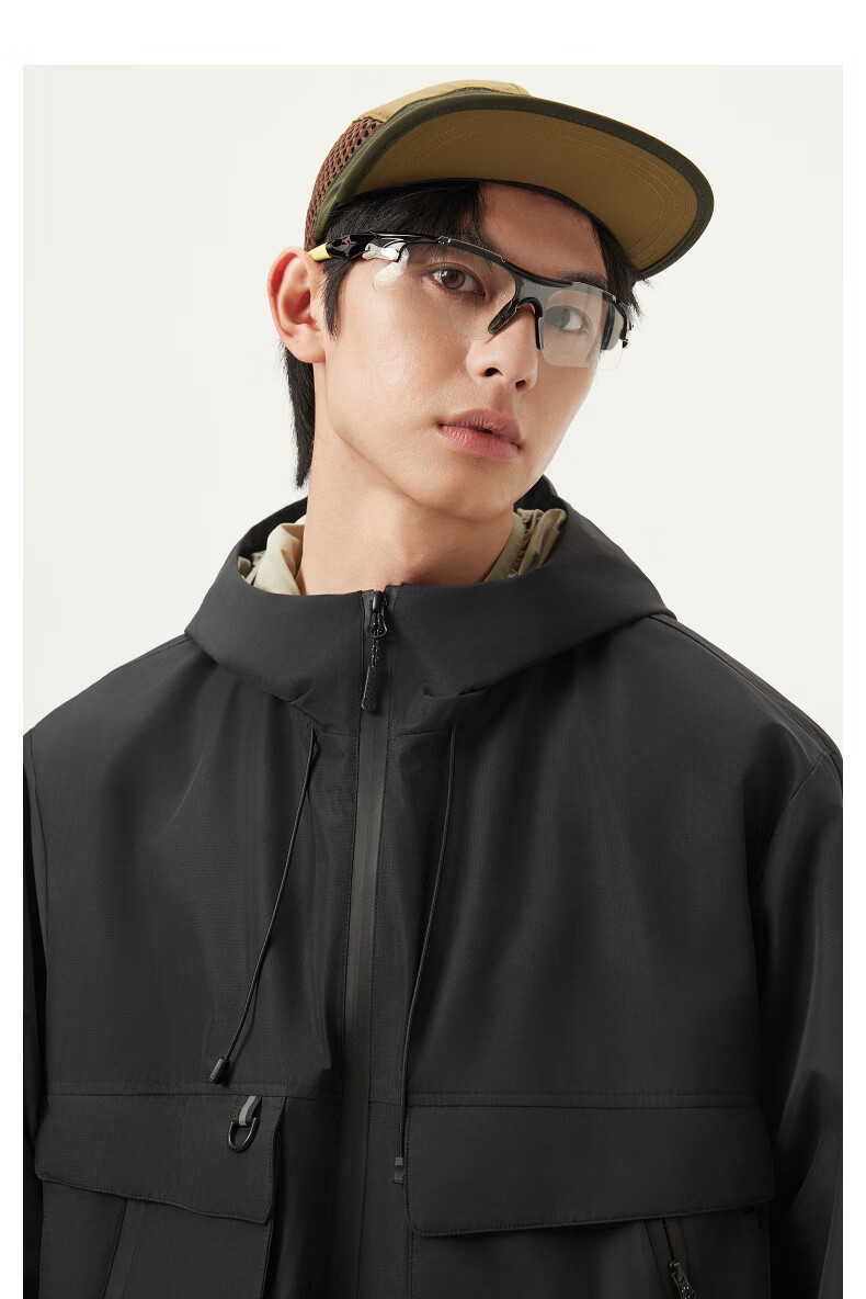 Gxgjeans Men's Clothing, Workwear Style Multi-Pocket Casual Hooded Jacket, Spring 2025 New Arrival, Black, 175/L 6