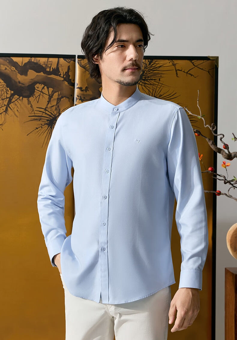 SEVEN Zhonghua Mandarin Collar Long Sleeve Shirt for Men, Spring And Autumn Season, Contains Modal, Chinese Style Casual Shirt 7