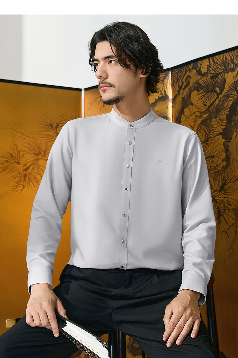 SEVEN Zhonghua Mandarin Collar Long Sleeve Shirt for Men, Spring And Autumn Season, Contains Modal, Chinese Style Casual Shirt 3