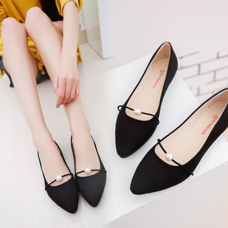 韩版同款同款2019春秋季尖头平跟珍珠单鞋女百搭平底鞋学生鞋豆豆女鞋