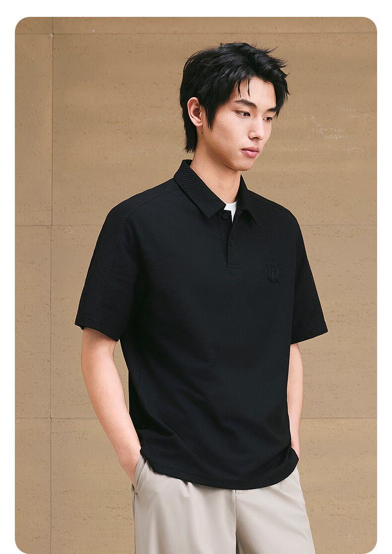 GXG Men's Clothing, Coarse Twill Texture Polo Shirt with Embroidery, Casual Collar, Black, 165/S 7