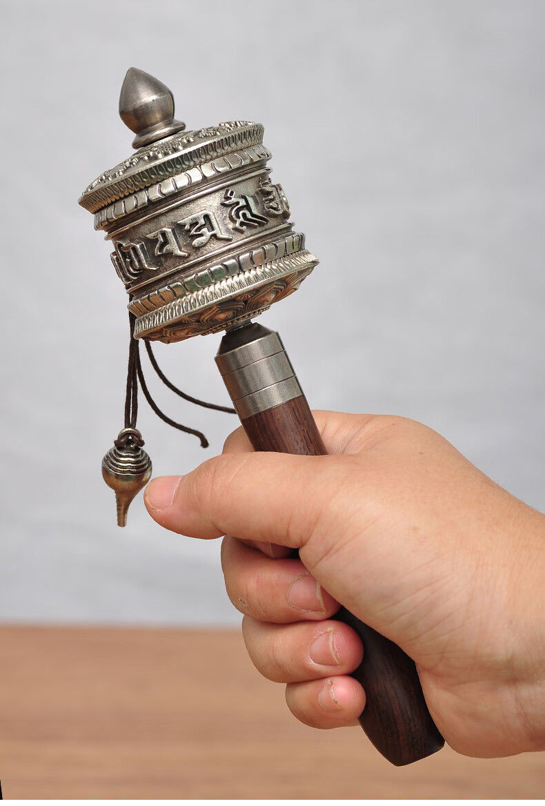 全铜泰银浮雕手摇转经轮转经筒摆件藏传佛教密宗法器寺庙佛堂佛具