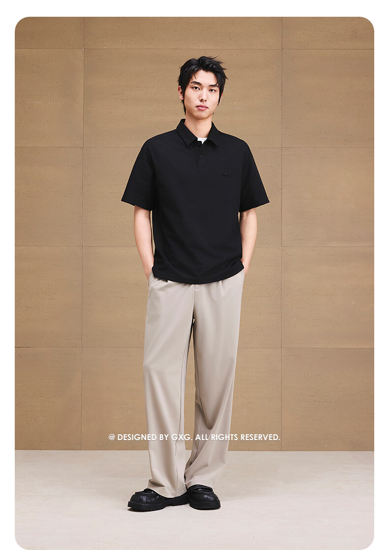 GXG Men's Clothing, Coarse Twill Texture Polo Shirt with Embroidery, Casual Collar, Black, 165/S 6