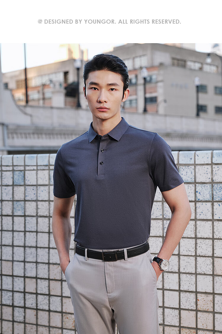 YOUNGOR POLO Men's, 2025 Summer Youth Business Casual Short-Sleeve Polo Shirt, Dark Iron Gray, 3XL 11