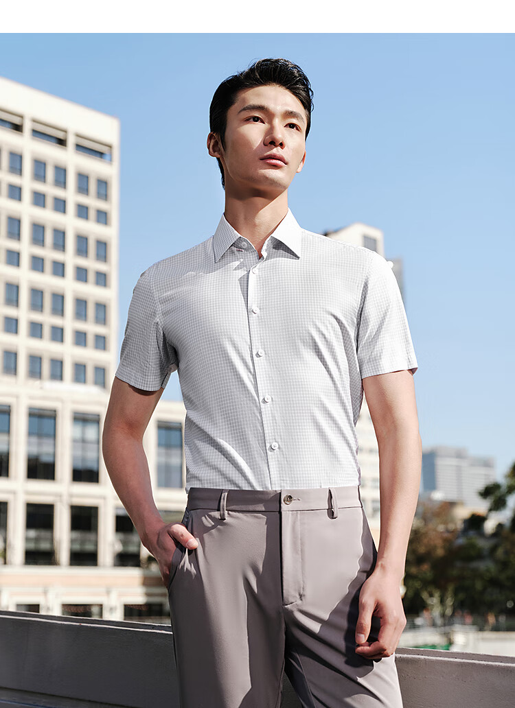 YOUNGOR Men's Shirt, 2025 Summer Youth Business Casual High-End Plaid Short-Sleeve Shirt, Gray Plaid, Size 45 6