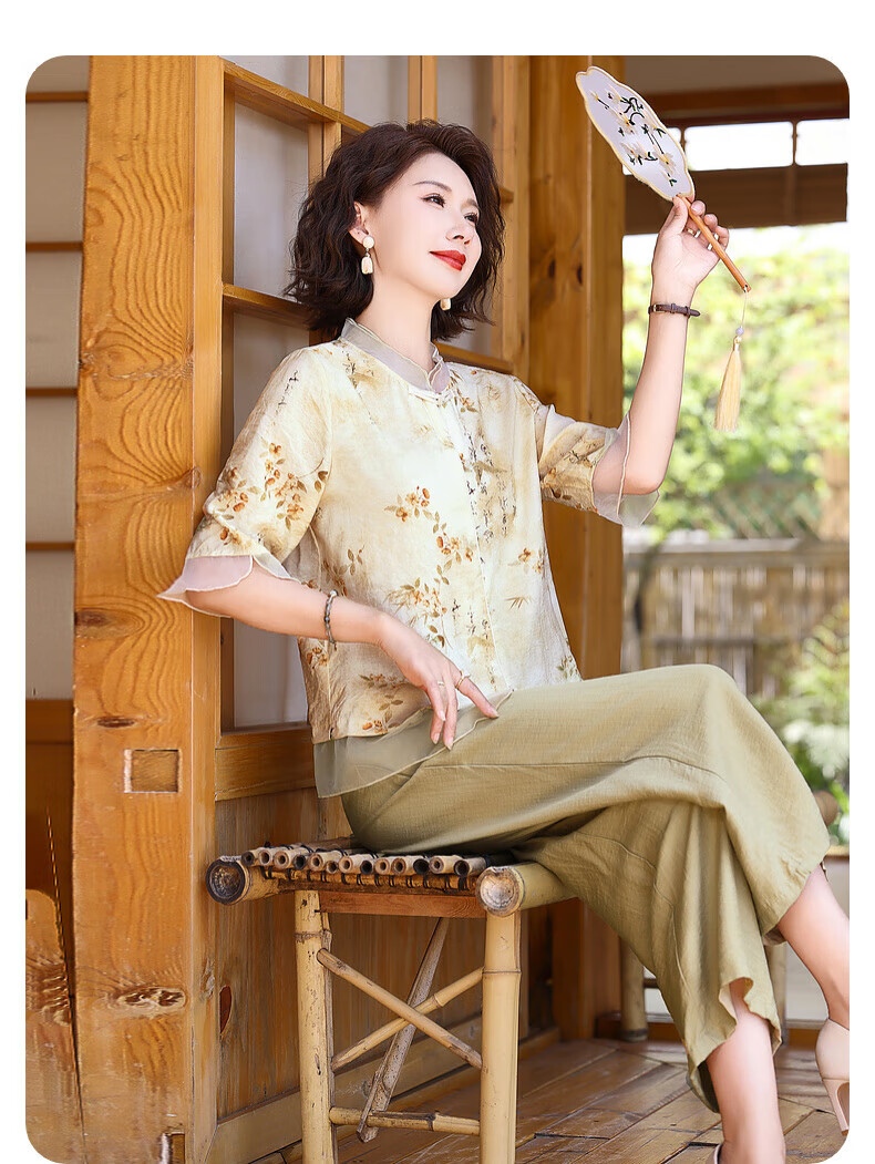 Hengyuanxiang Middle-Aged And Elderly Women's Clothing, 2026 New Style for Ages 50-60 And 70, Fashionable Mom Outfit, Summer Wear, New Chinese-Style National Trend Short-Sleeve Set 11