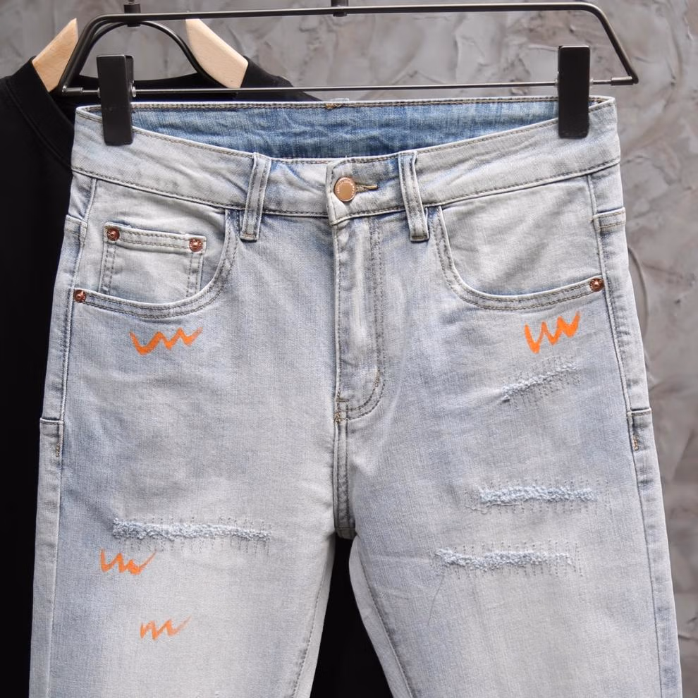 Summer Washed Ripped Jeans Men's Korean Version Of Trend Graffiti Versatile Casual Slim-fit Straight-leg Nine-point Pants, Blue 28_mkmklike.com