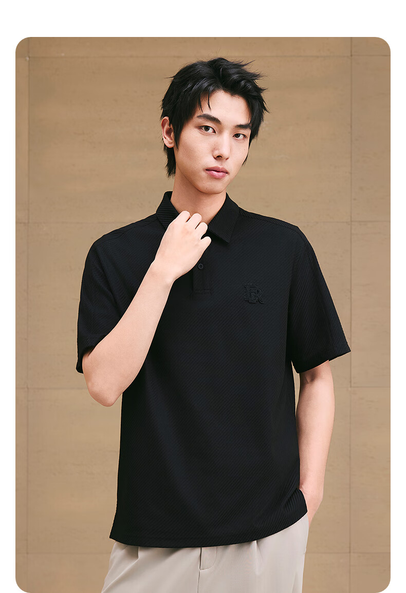 GXG Men's Clothing, Coarse Twill Texture Polo Shirt with Embroidery, Casual Collar, Black, 165/S 5