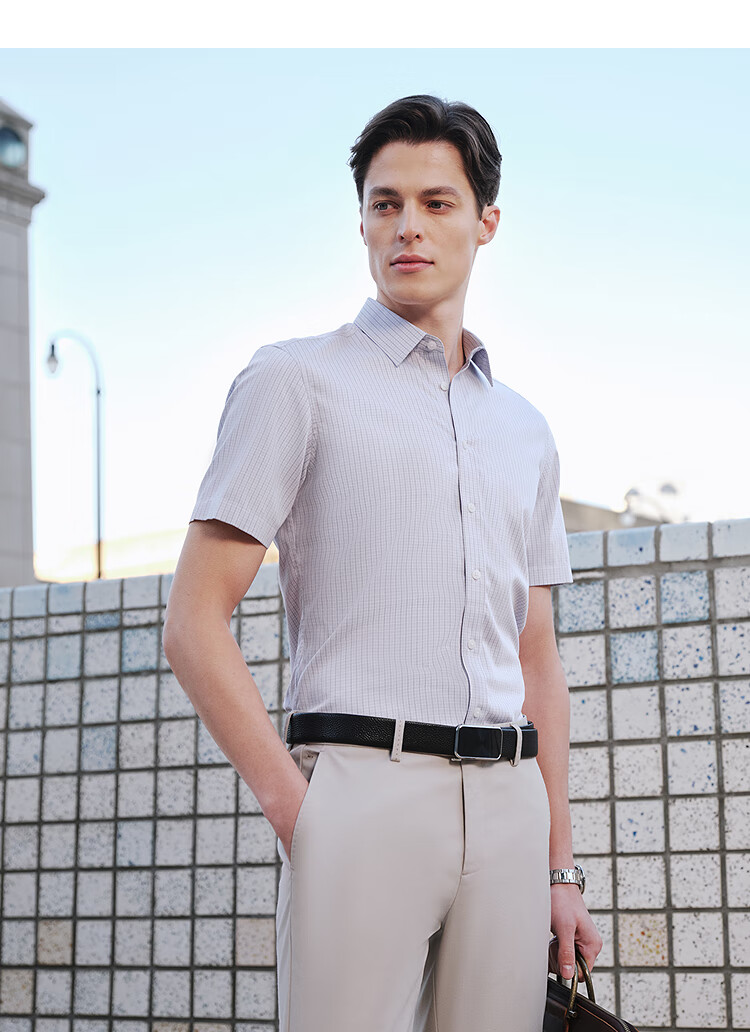 YOUNGOR Summer Youth Business Casual High-End Plaid Short-Sleeve Shirt, Gray Plaid, Size 38 8