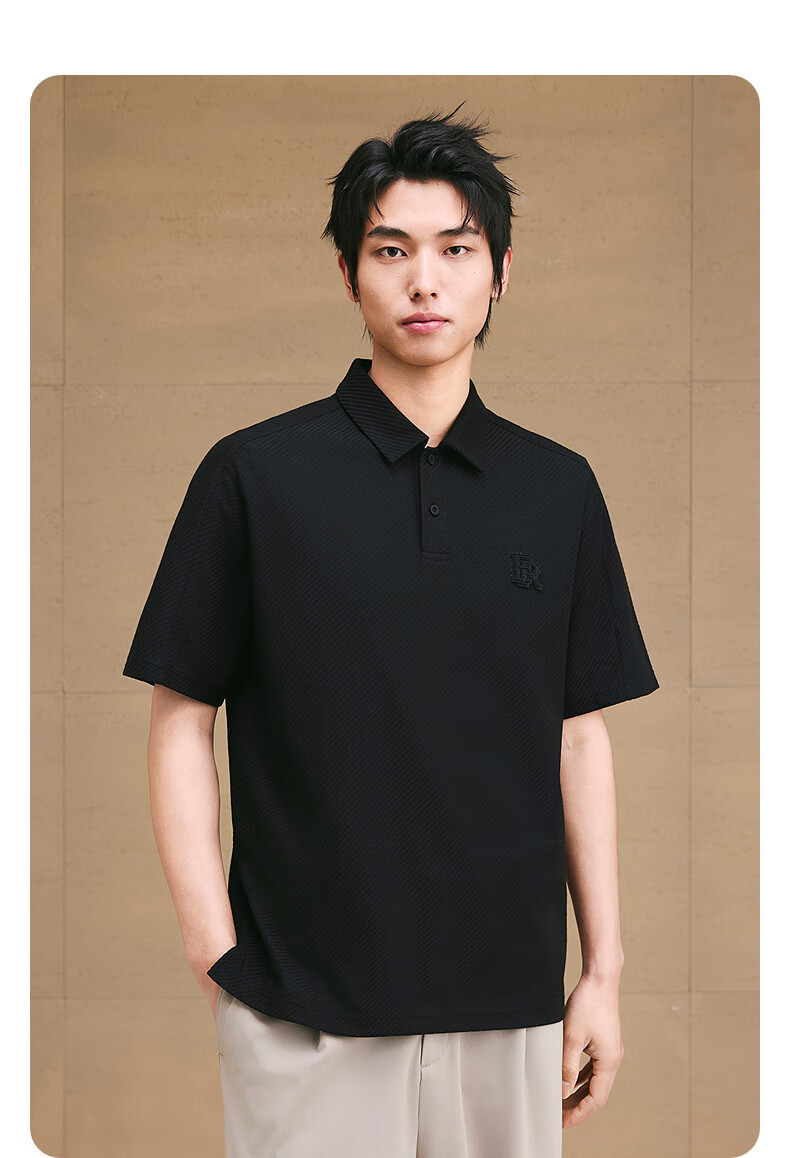 GXG Men's Clothing, Coarse Twill Texture Polo Shirt with Embroidery, Casual Collar, Black, 165/S 1