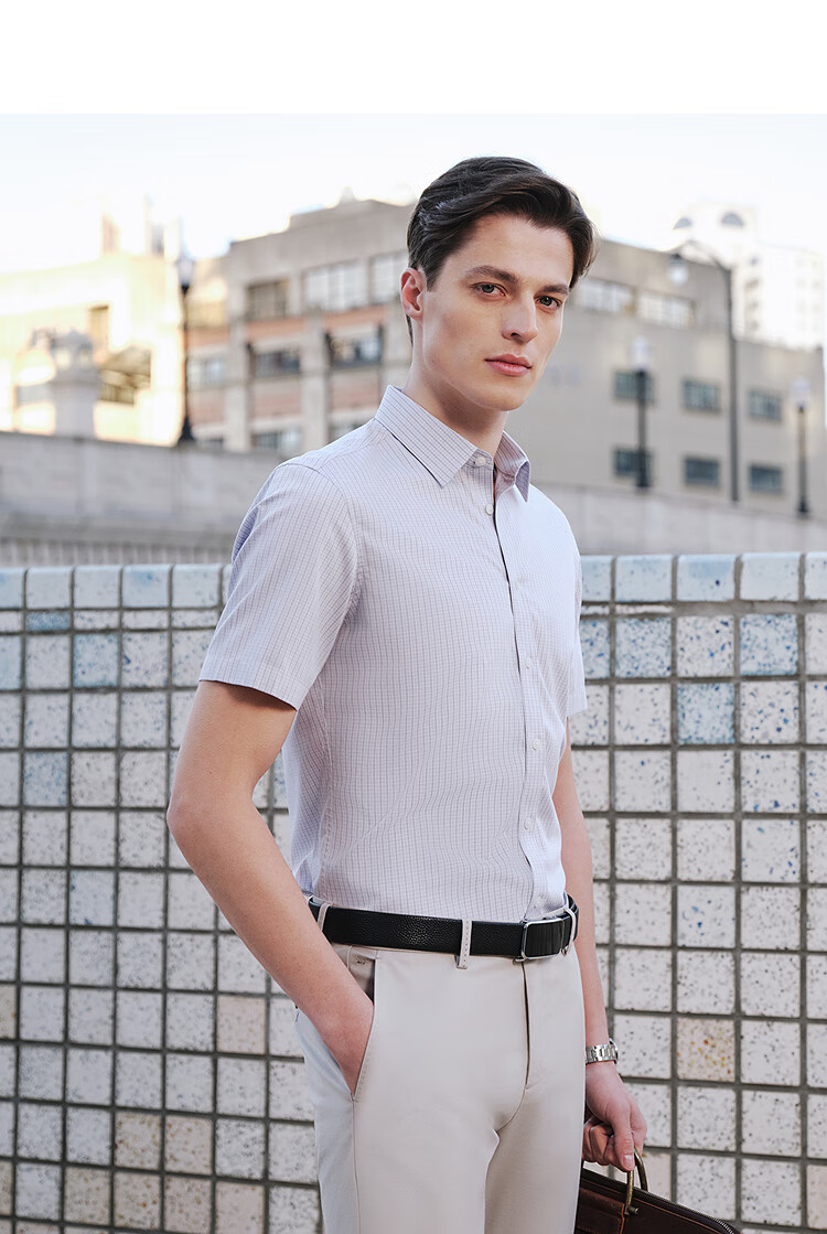 YOUNGOR Summer Youth Business Casual High-End Plaid Short-Sleeve Shirt, Gray Plaid, Size 38 6