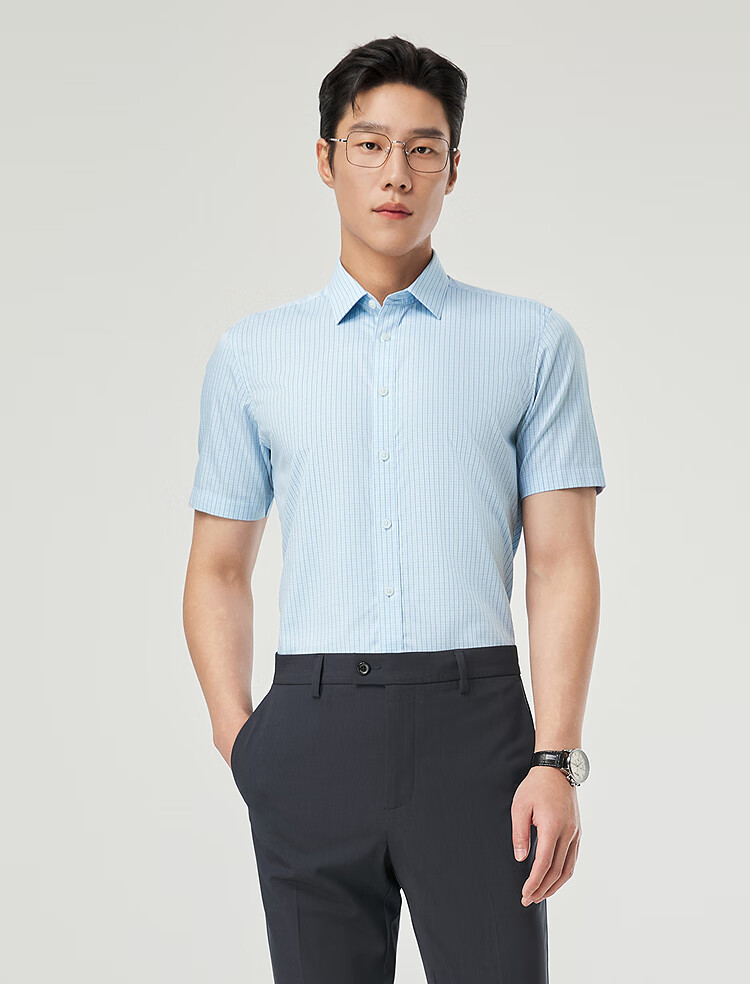 YOUNGOR Summer Youth Business Casual High-End Plaid Short-Sleeve Shirt, Gray Plaid, Size 38 12